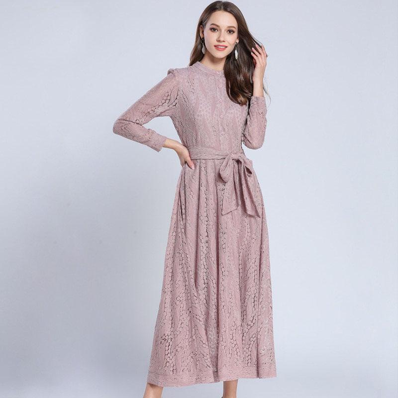 Bow Maxi Lace Dress Slim Fashion O-neck Sexy Hollow Out Work Casual Dresses Women A-line Vintage Vestido - BRYLUXE