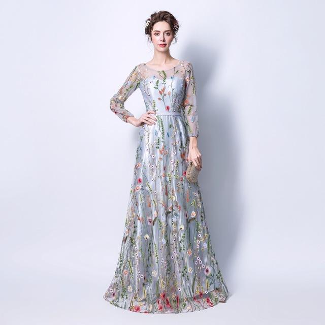 Women's Formal Dress Gray Zipper Back Flowers Embroidery Long Sleeves Evening Dress Party Robe De Soiree - BRYLUXE