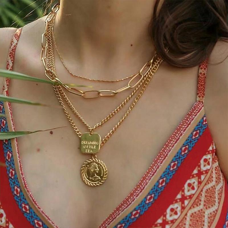 Queen Head Geometric Pendant Necklaces Bohemian Female 4 Layers Necklace Retro Gold Carved Coin Necklace Jewelry - BRYLUXE