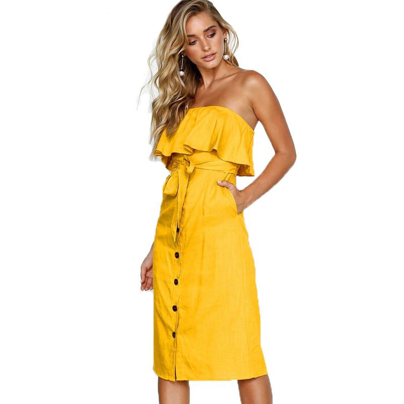 Summer Dress Women Sexy Off Shoulder Boho Beach Dress 2018 Strapless Ruffles Buttons Yellow Midi Ladies Elegant Party Dresses - BRYLUXE