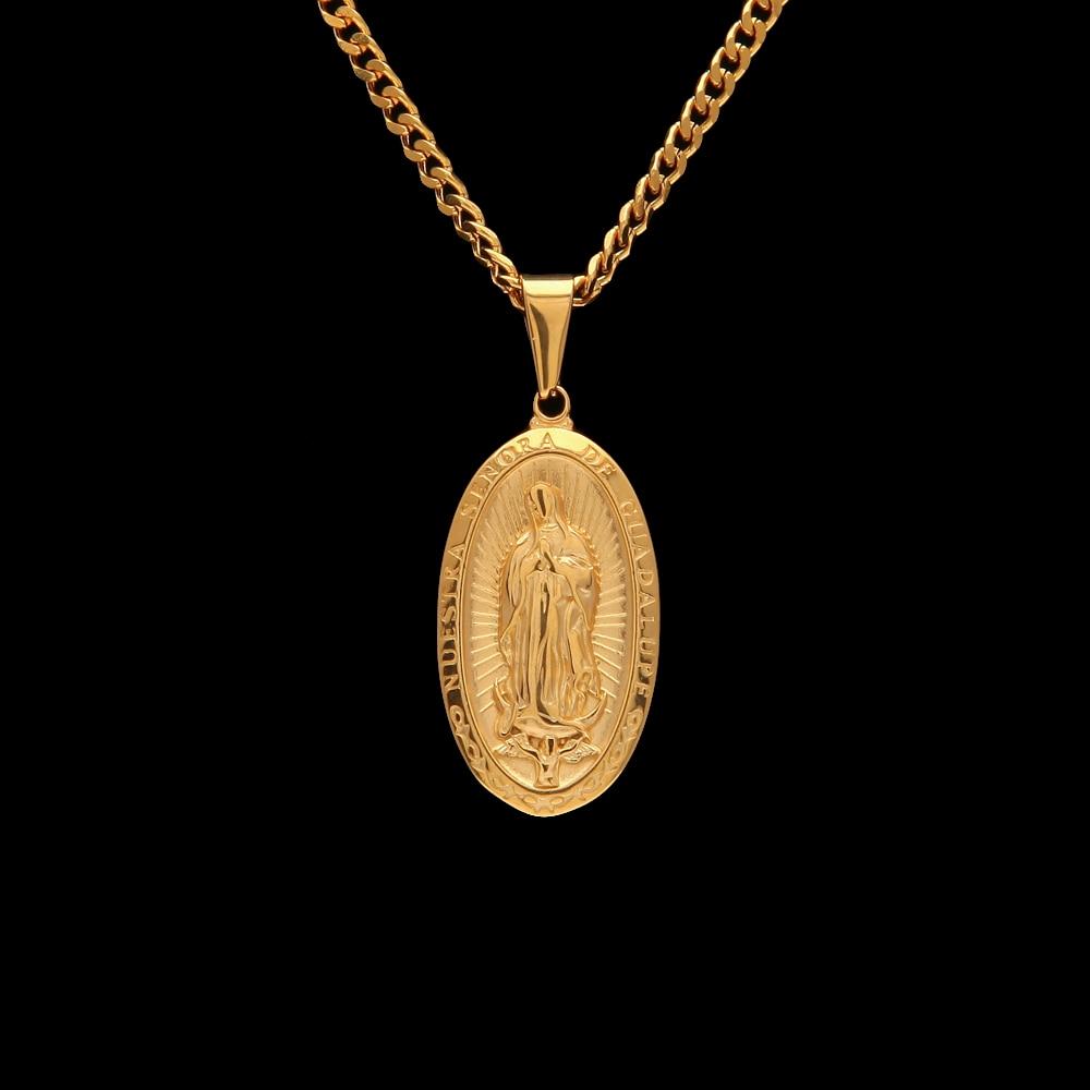 Catholic Religious Virgin Mary Necklace Pendant Stainless Steel Gold Color Cross Medallion Necklace - BRYLUXE
