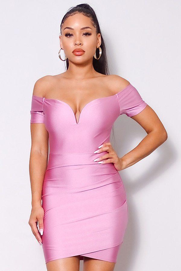 Off Shoulder V Front Gathered Bodycon Mini Dress - BRYLUXE