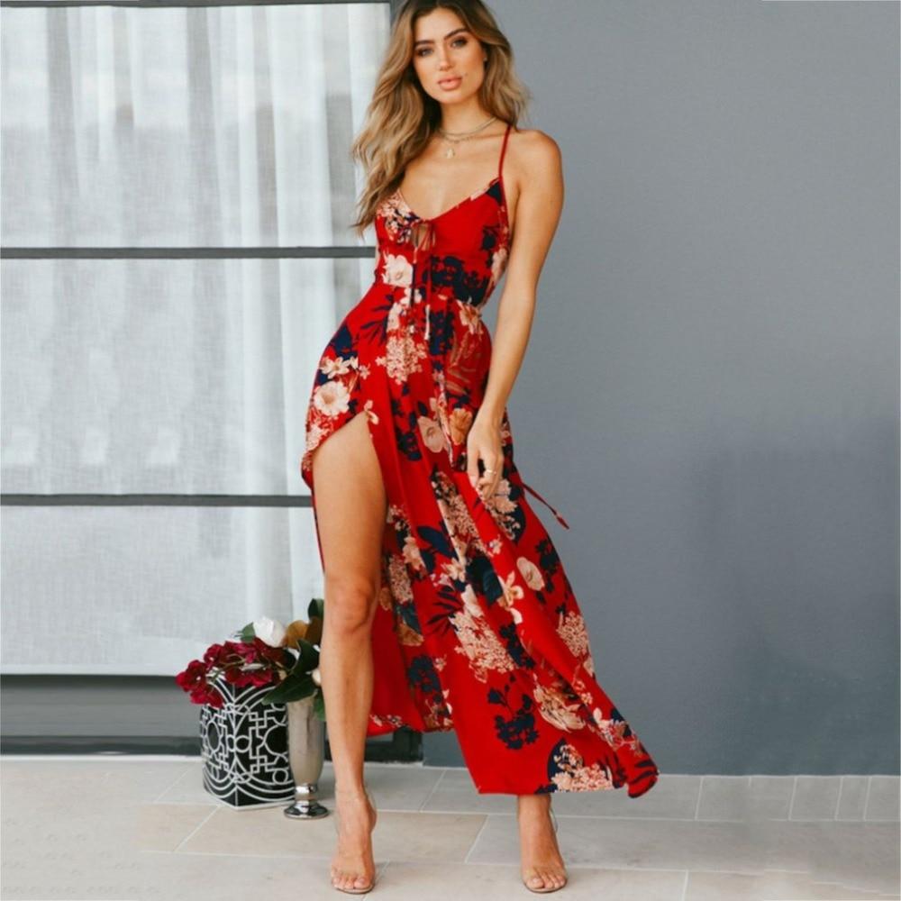 Red Floral Print backless summer dress Women deep V neck bohemian maxi dress Spaghetti irregular long dress - BRYLUXE