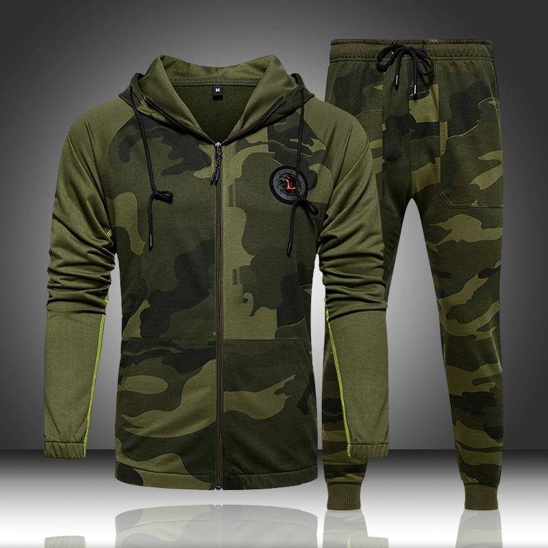 Camo Men Tracksuit Hooded Outerwear Hoodie Set 2 Pieces Autumn Sporting Male Fitness Camouflage Sweatshirts Jacket + Pants Sets - BRYLUXE