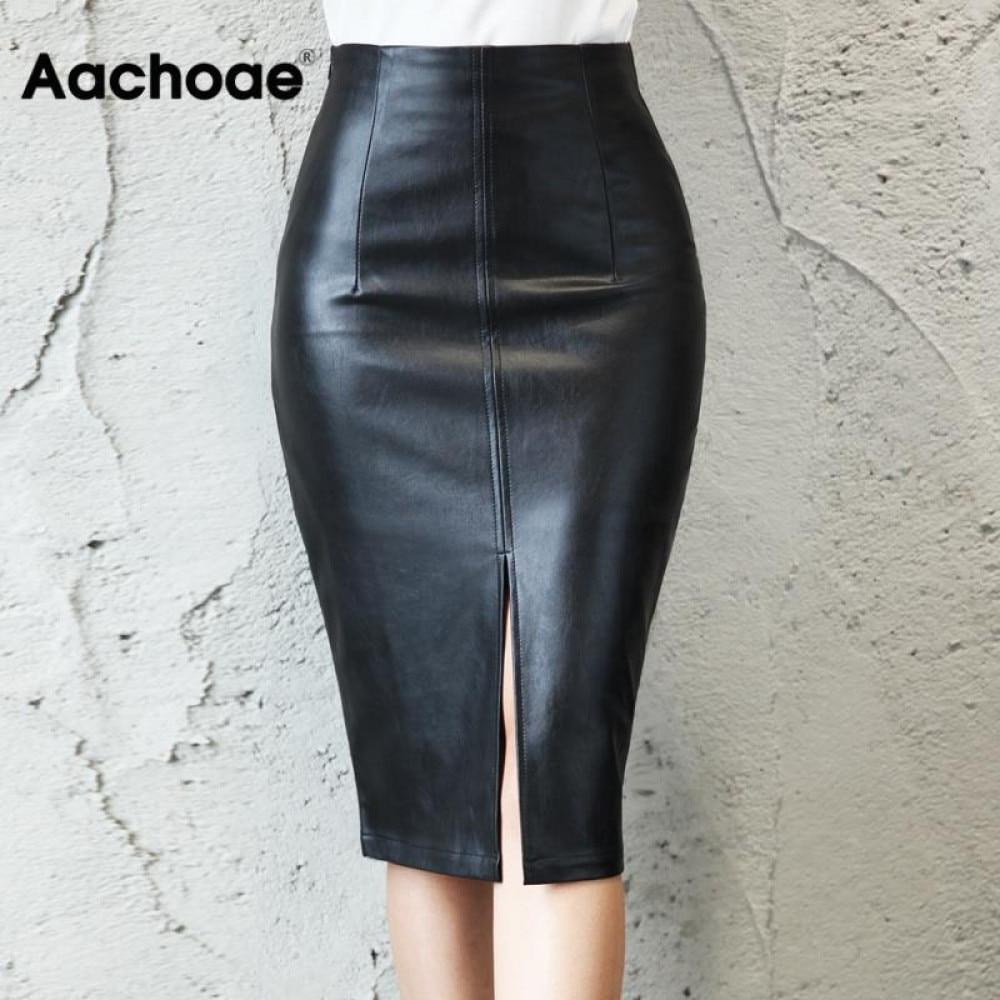 Aachoae Black PU Leather Skirt Women 2020 New Midi Sexy High Waist Bodycon Split Skirt Office Pencil Skirt Knee Length Plus Size - BRYLUXE