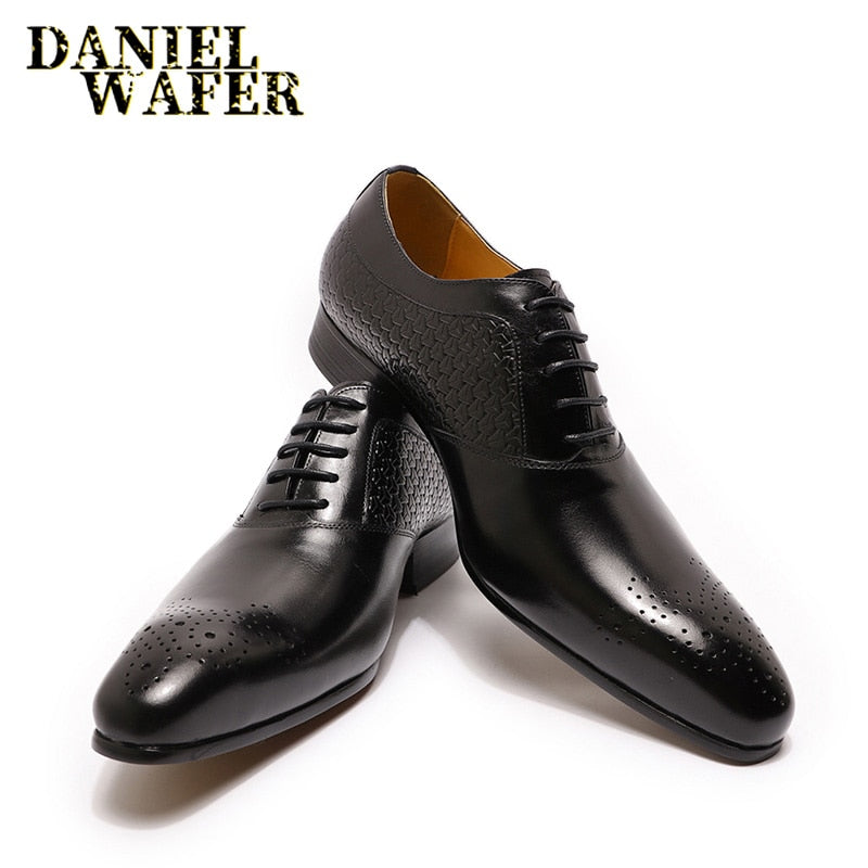 LUXURY MEN OXFORD SHOES GENUINE LEATHER PRINTS BROWN BLACK LACE UP POINTED TOE OFFICE WEDDING DRESS FORMAL OXFORD SHOES FOR MEN