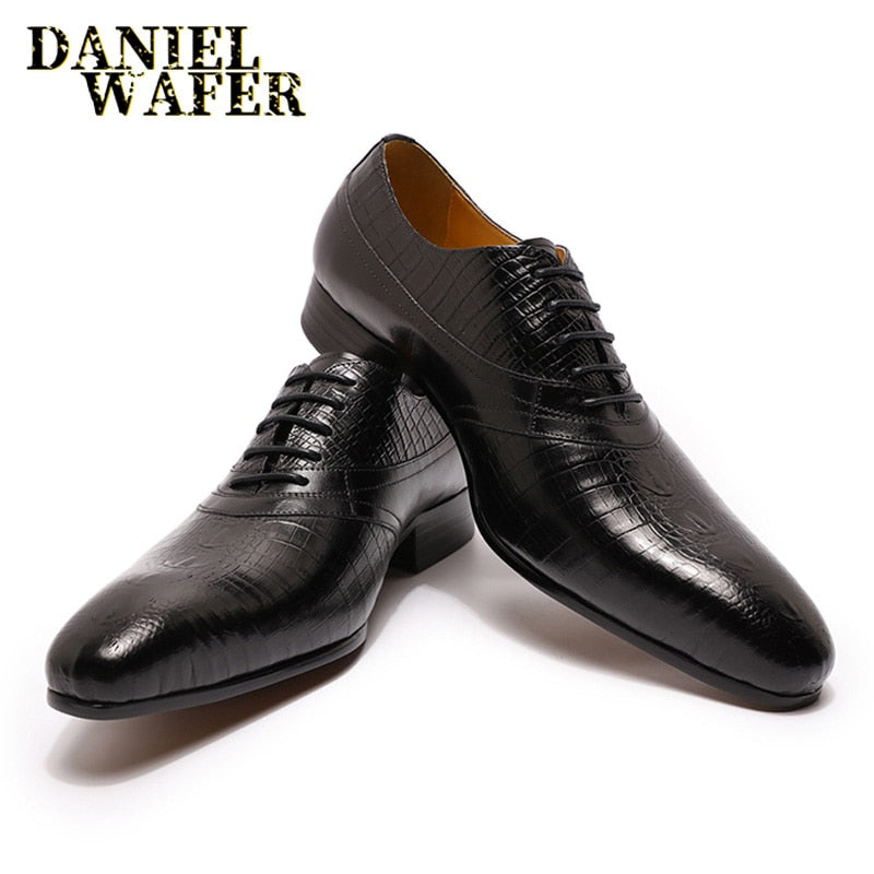 Luxury Oxford Men's Dress Shoes Black Brown Alligator Prints Leather Lace Up Pointed Toe Office Wedding Business Men Formal Shoe