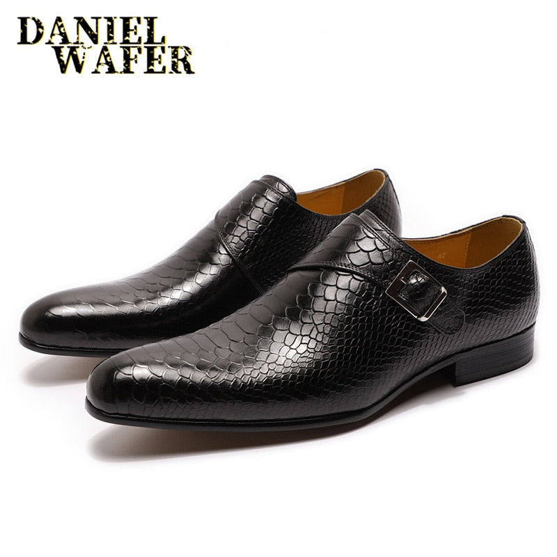 Men Leather Shoes Snake Skin Prints Men Formal Shoes Casual Dress Black Coffee Slip on Pointed Toe Shoes Mens Loafers Leather