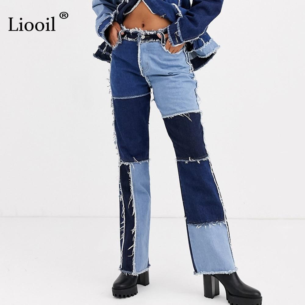 Liooil Patchwork Skinny Straight Leg Jeans Woman High Waist With Pockets Sexy Color Block Ladies Jeans Trousers Denim Blue Pants - BRYLUXE