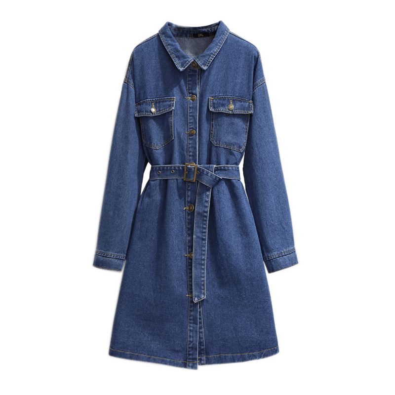 Plus size women's denim windbreaker spring and summer fashion Korean mid-length loose long-sleeved blue denim jacket overcoat - BRYLUXE