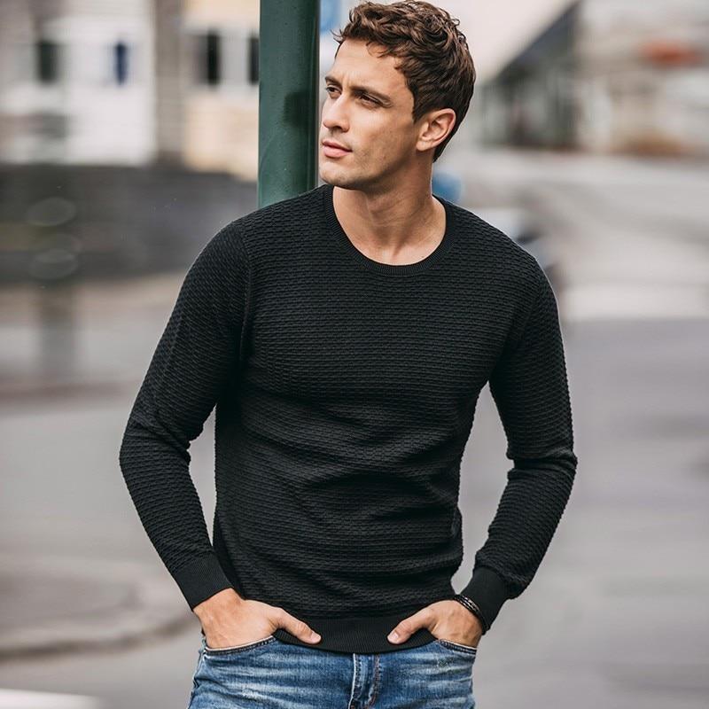 Autumn Men Sweater 100% Cotton Solid Beige Black Color Pullovers For Man Casual Slim Clothes 2020 Male Wear Knitwear Tops 17039 - BRYLUXE